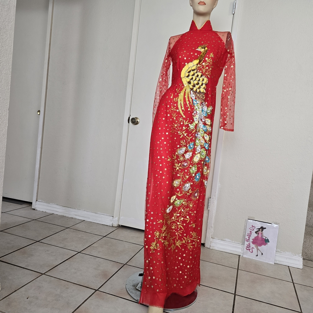 Chic Red Wedding Dress with Sequin Peacock Motif Vietnamese Ao Dai